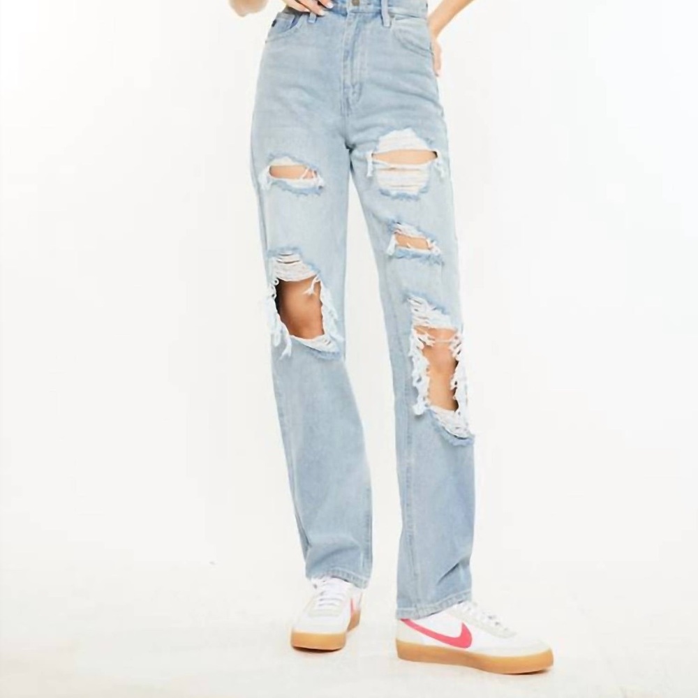 Kancan Size 26 Kyla Ripped Distressed Light Wash 90's Mom Boyfriend Jeans: 4985